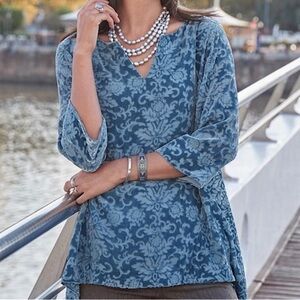 Sundance Regal Velvet Burnout Silk Tunic Blouse Floral Blue Fog Medium‎